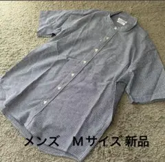 メンズ リネンプラススタンドストライプシャツ青M新品