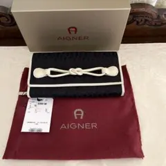 AIGNER アイグナー 黒白 ロゴ織り地長財布 未使用 タグ付 キーリング付