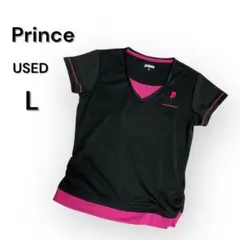 プリンス　prince テニスウェア Vネック Tシャツ 黒/ピンク