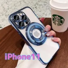 iPhone11 ケース 水色 メッキ リング スタンド MagSafe レンズ