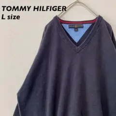 トミーヒルフィガー ニット セーター Vネック 男女兼用 刺繍ロゴ ネイビー L