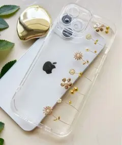 【B級品】ハンドメイド　ゴールド　花柄　クリア　iPhoneケース