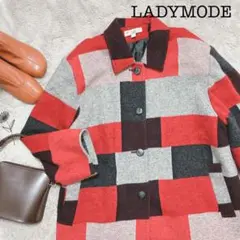 【LADYMODE】襟付きダッフルコート チェック柄 肩バット ゆったり 日本製