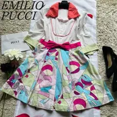 【良品】EMILIO PUCCI プッチ柄シャツワンピース リボン フレア S