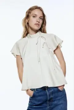 【ZARA】 ザラ リボンディテールフルイドトップス S