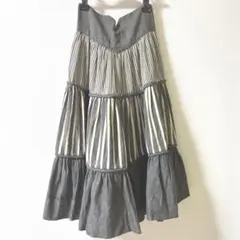【レトロ】ロングスカート ストライプ グレーフレアスカート ロング丈 Mサイズ