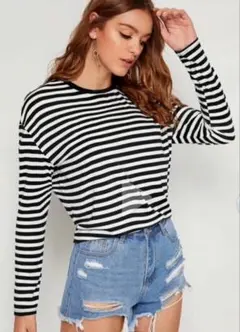 ボーダー ロングTシャツ SHEIN