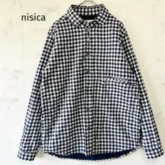 【nisica】ネイビーとホワイトのギンガムチェック　長袖ネルシャツ　裏地ありM