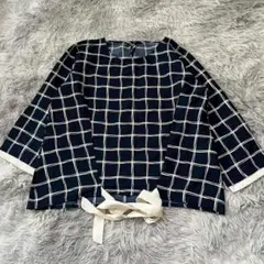 美品✨【特殊デザイン】ネイビー ホワイト チェック柄 五分袖ブラウス リボン