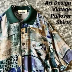【雰囲気最高❗️】ビンテージ プルオーバー シャツ 総柄 古着 リブ 柄シャツ