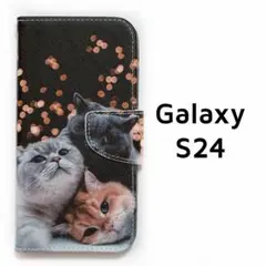 Galaxy S24 手帳ケース 黒 猫3匹