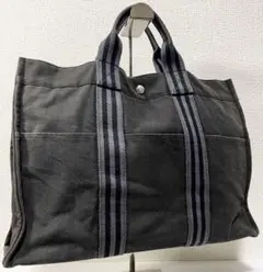 HERMES エルメス フールトゥ MM グレー×ブラック 二本線 キャンバス