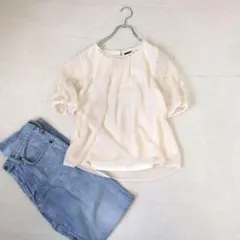 【C.D.S BASIC/ビーシーエスベーシック】レース袖 半袖 ブラウス『L』