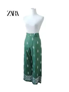 リネン混　ZARA ザラ 麻　エンブロイダリー 刺繍　イージー　ワイドパンツ