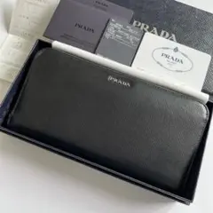 【極美品】プラダ 長財布 サフィアーノレザー ロゴ金具 ラウンドファスナー 黒