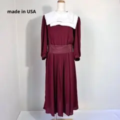 80s USA製 セーラーカラー ベルト付 ロング ワンピース ボルドーY243