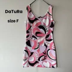DaTuRa ノースリーブ ミニ ワンピース 総柄 ハート ピンク F