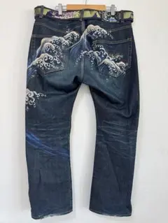 波達　波と富士山刺繍デニムパンツ　ベルトセット