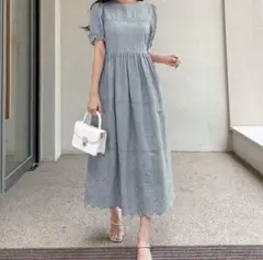DAZY ロングワンピース　パフスリーブ　スカラップトリム