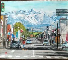 水彩画 美瑛の駅前と十勝岳の風景 F10号サイズ