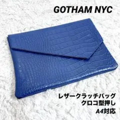 美品【GOTHAM NYC】クロコ レザー クラッチバッグ レター A4 ブルー