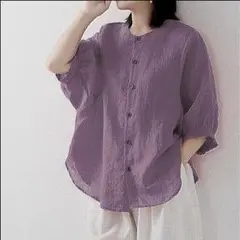 【セール】シャツブラウス 3XL 綿麻混 ふんわり 五分袖 パープル