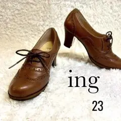 美品⭐︎ing ウィングチップ　メダリオン　レースアップラウンドトゥパンプス　本革