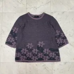 Monfair 花柄 五分袖ニットセーター　レトロ　ピンク