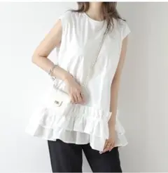 新品 La-gemme 裾フリルトップス ノースリーブ チュニック ホワイト