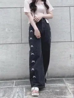 リボンビジューデニムパンツ　グレー　マジェスティックレゴン