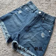 裾切りっぱなし風クラッシュデニムショートパンツブルーS新品