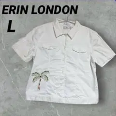 ERIN LONDON 【L】ホワイトパームツリー刺繍 半袖シャツコットン97％