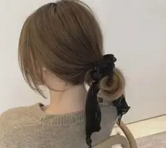 シュシュ 透け感サテン ヘアゴム 韓国風 ブラック