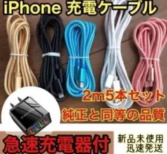 iPhone ケーブル 新品黒急速充電器付純正同等品質2m x5本（5色）セット