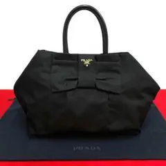極 美品 プラダ ロゴ金具 リボン ミニ トートバッグ ハンドバッグ ブラック