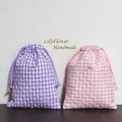 【2点セット】給食袋 ギンガムチェック柄ピンク&パープル 入園入学フリル付き