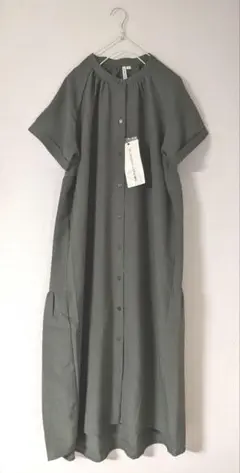 新品HK WORKS LONDON杢カーキ色ラグランバンドカラーシャツワンピース
