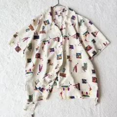 魚 魚 魚 レトロ ポリシャツ ブラウス 柄シャツ M ベージュ ふるじょ 美品