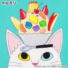 原画「白猫の上にしろくま」イラスト/アート/絵画/猫/かき氷/白熊/アイス