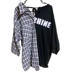 チェック柄と無地のTシャツ・アシメ　オーバーサイズ　Ｍ　韓国風