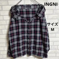 【イング INGNI】チェック柄 シャツ オフショルダー 肩出し 長袖 M