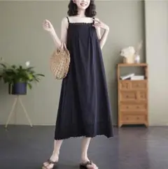 コットン100%透け感キャミワンピース ブラック 2XL