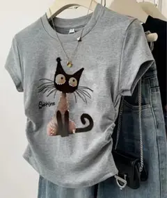 レディースTシャツ かわいい猫グラフィック 楽しい猫デザイン グレーM