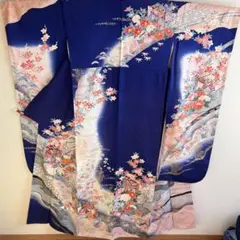 振袖 紺色 絹 金箔 友禅染め 美品 訳あり