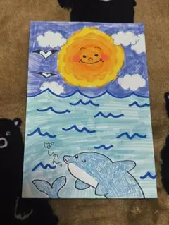 海のイルカ 太陽 イラスト 可愛い絵 ハンドメイド