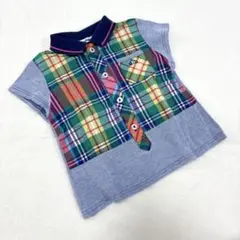 【ファミリア】美品 ポロシャツ 半袖 チェック 異素材 男の子 車 鹿の子 襟付