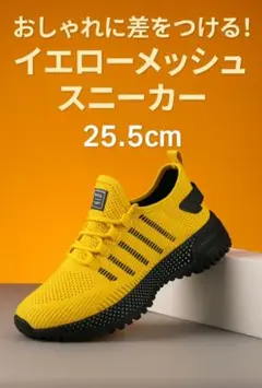 メンズスポーツシューズ　通気性抜群　イエロー　メッシュ　スニーカー　25.5cm