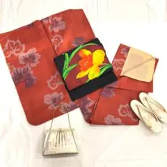 〔6366〕着物 紬 正絹 袷 棒衿 葡萄 赤 単品販売♪