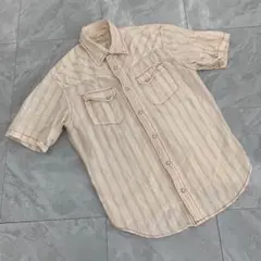 BAFFY 半袖シャツ ストライプ ポケット ボタン ベージュ Mサイズ