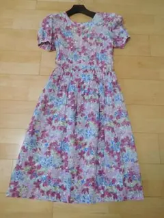 ハンドメイド 花柄パフスリーブ ウエストギャザー ワンピース Sサイズ
